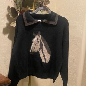 NWOT Dreamers by Debut Black Horse Graphic Sweater Size S/M